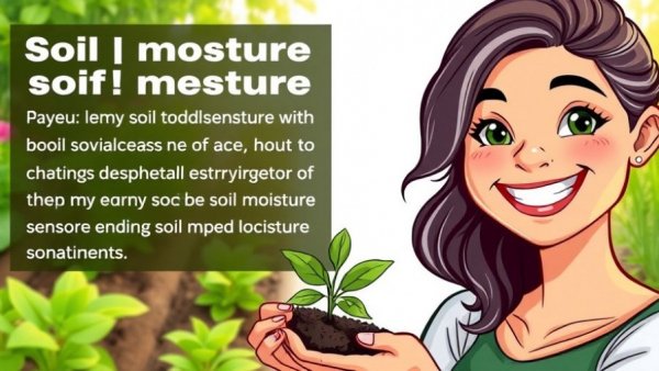 Smiling woman with plant discusses soil moisture sensors and sustainable living.