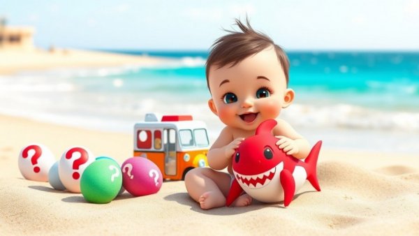 Children Fun with cartoon baby on beach, colorful toys, and playful setting.