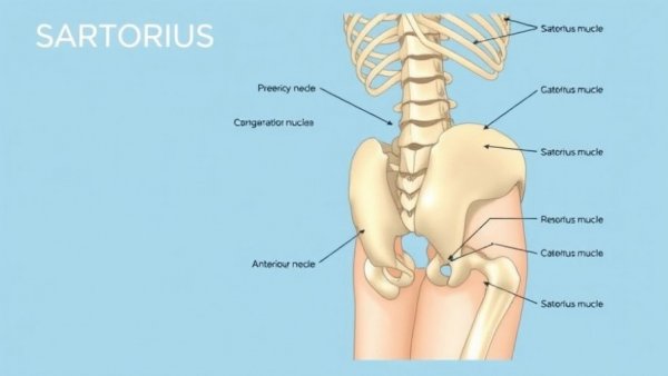 Illustration of sartorius muscle origin and function on a blue background.