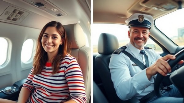 Casual striped long flight outfits worn by smiling woman in plane and car.