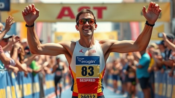 Triathlete celebrates finishing Ironman 70.3 World Champion race.