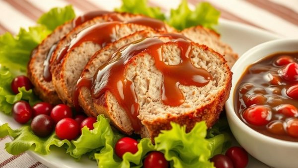 Thanksgiving turkey meatloaf garnished with gravy and cranberries.