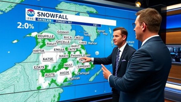 Weather forecaster discussing Miami Valley snowfall forecast on TV.