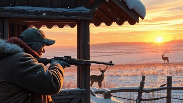 Vintage hunting scene in snow during local hunting adventures.