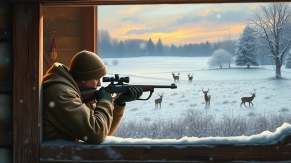 Hunter in barn aims at deer, winter snow, hunting local deer opportunities.