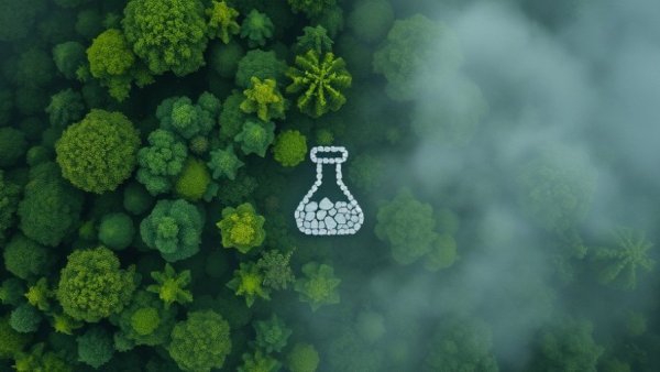 Aerial forest view with a flask symbol, embracing environmentally friendly practices in the lab.