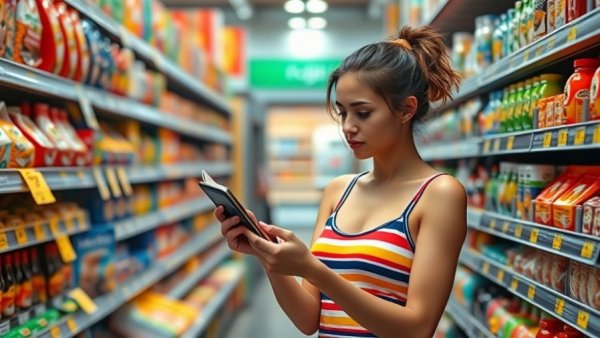 Woman examining a product label in store, focusing on environmental impact labelling.