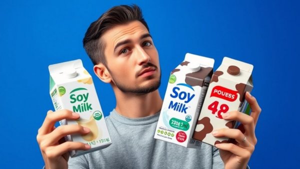 Comparing dairy milk vs soy milk health benefits with thoughtful expression.