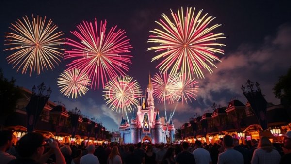 Vibrant Disneyland fireworks display at night.