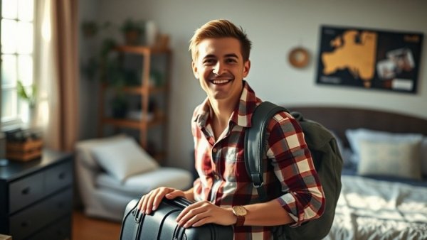 Smiling woman with suitcase in cozy room, adventure travel outfits.