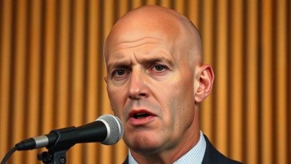 Man discussing content marketing with microphone, striped backdrop.