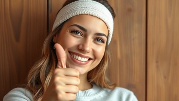 Woman reviewing Elemind Sleep Headband with thumbs up.