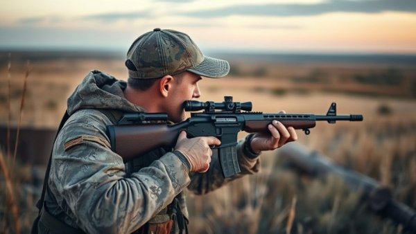 Immigrant Veteran Hunting Journey in dawn light, hunter in camouflage with rifle.