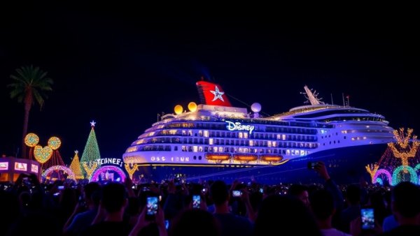 Disney Destiny cruise ship launch event with vibrant nighttime lights.