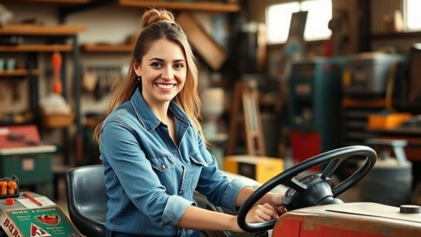 Young woman working on tractor in workshop, smiling, Right to Repair Movement.