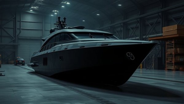 Dimly lit boat featuring OPTIFADE Camouflage in a warehouse.