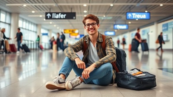 Traveler demonstrates pickpocket travel hack in airport.