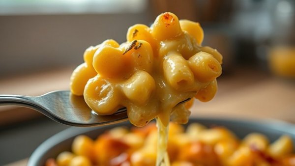 Southern Baked Mac and Cheese Recipe, gooey cheese on fork.