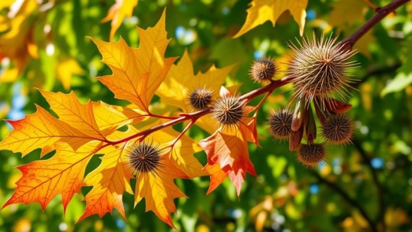 Sweetgum tree branch with colorful leaves and seed pods highlighting sweetgum tree benefits.