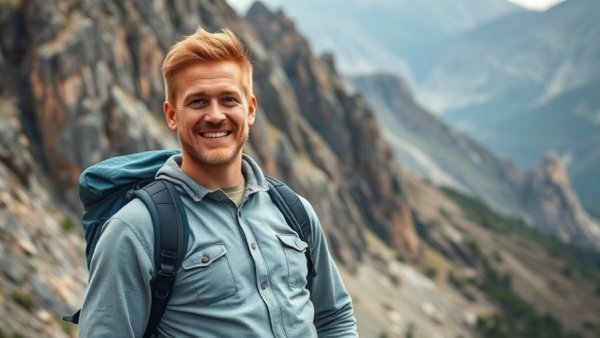 Hiker in blue jacket in mountain setting, showcasing headlamp use.