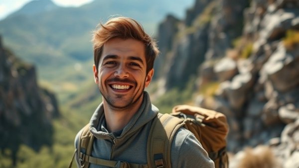 Hiker in mountainous area under sunny skies.
