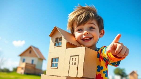 Cardboard Houses Challenge for kids: Boy pointing at cardboard house, outdoors.