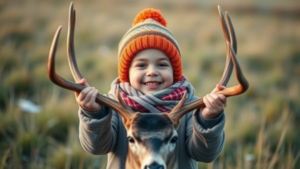Kindergartener beaming with pride, holding large deer antlers.
