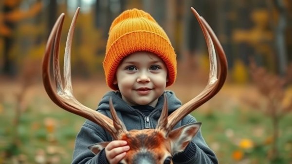 Child outdoors with deer, wearing orange hat, family friendly outdoor activities.