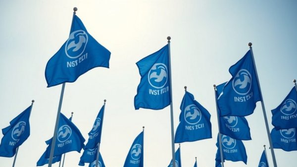 Bright blue banners of travel insurance provider under clear sky.