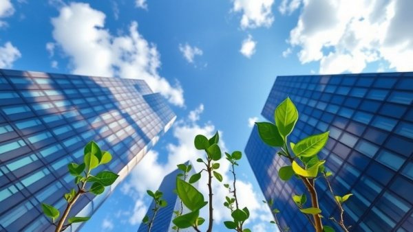 Logos of sustainable growth leaders among skyscrapers and greenery.