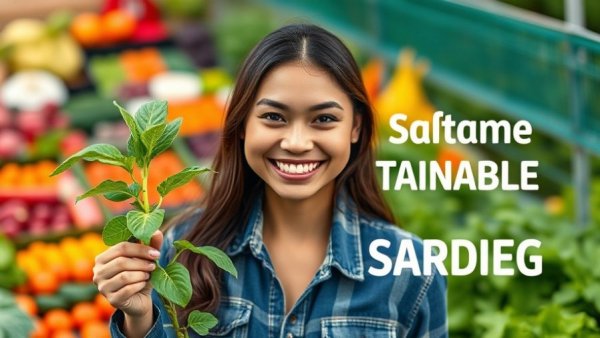 Young woman smiling with a plant; eliminate farm waste odors focus.