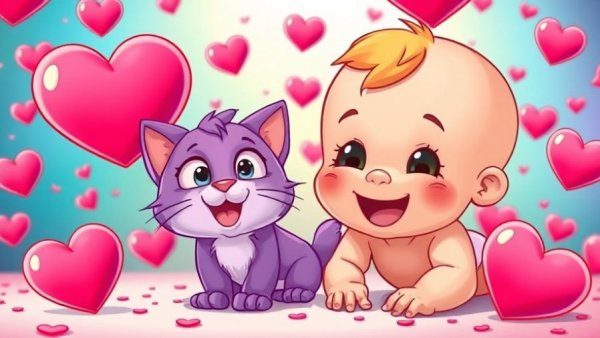 Cheerful animated baby and purple cat enjoying children fun.