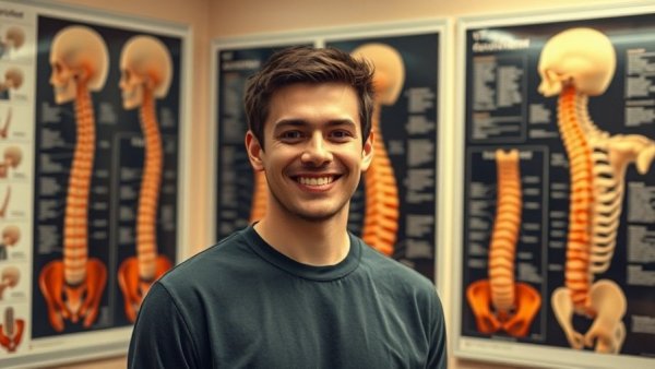 Young man smiling in front of spine health posters, full spine health.