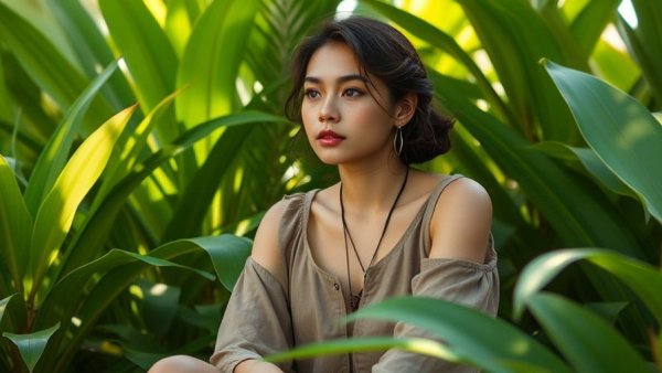 Finding clarity through stillness amid tropical greenery.