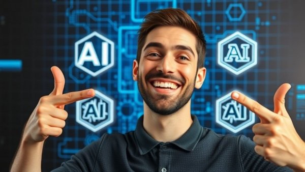 Cheerful man pointing at AI logos, growth AI strategy concept.