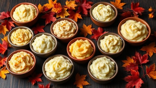 Three types of Thanksgiving mashed potatoes with butter in festive setting.