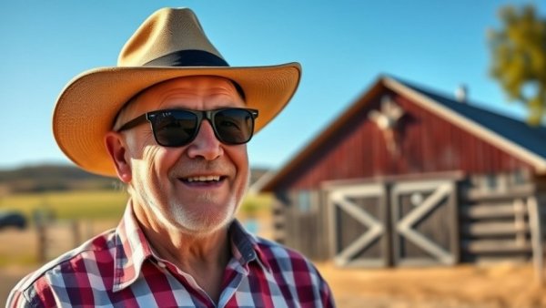 Man smiling outdoors on a sunny day near a barn.