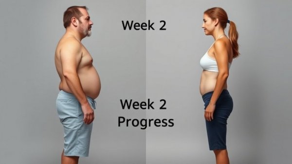 Family fitness progress depiction with text 'Week 2 Progress' on a transformation image.