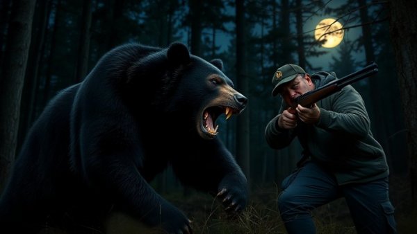 Black bear encounters armed man at night in forest.