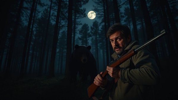 Suspenseful bear encounter in moonlit forest with startled man.