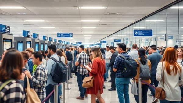 Busy airport security during travel industry government shutdown.