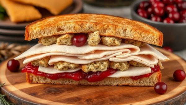 Delicious leftover turkey sandwich with stuffing and cranberry.
