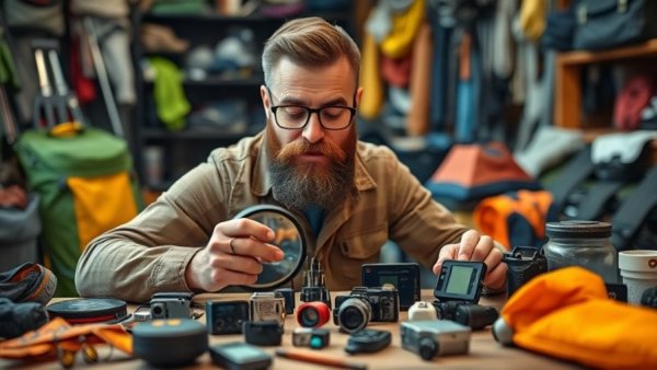 Bearded man explores best camping gear for beginners with gadgets.