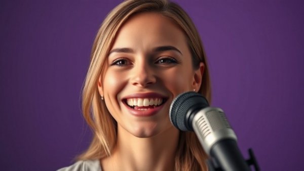 Engaging woman discussing AI innovation gap, purple backdrop.