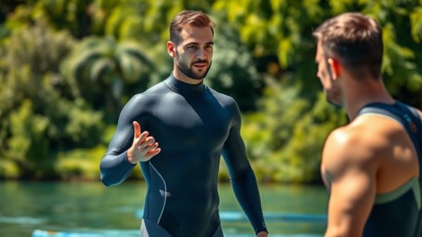 Athletic man explains open water swim start strategy in a lush setting.