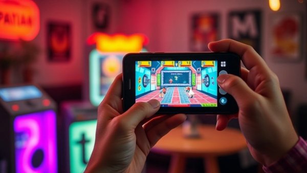 Smartphone showing retro game screen, illustrating first PC game influence on technology tools