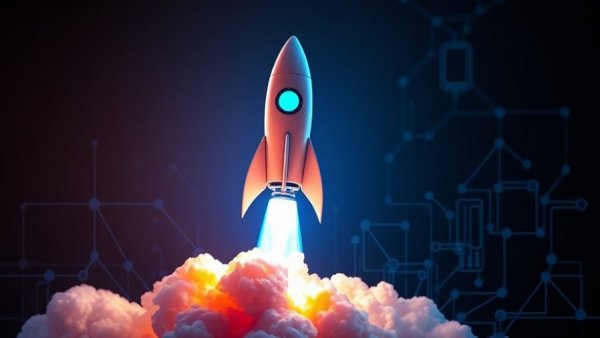 Futuristic rocket launch symbolizing app store growth.