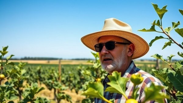Man explaining fig trees care tips in sunny field.