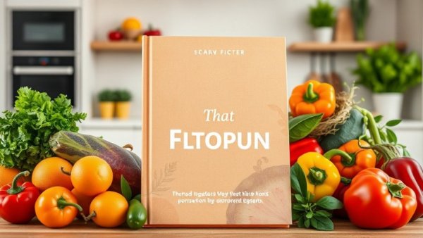 Vibrant book cover with healthy foods in a kitchen setting.