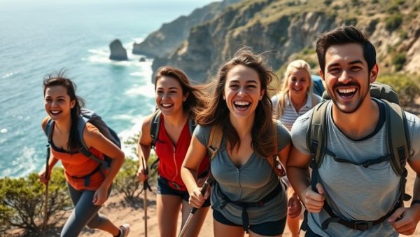 Group of hikers enjoying a scenic trail by the ocean, perfect gift ideas for outdoor lovers.